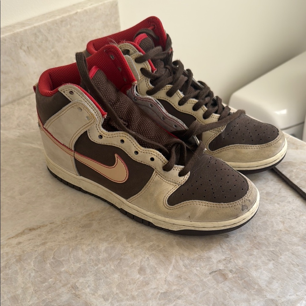 Nike High-Top Sneakers in Brown and Cream with Red Accents